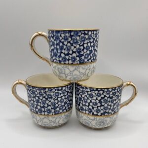 Rare Antique Royal Worcester Blue/White Floral Porcelain Demitasse Cups Set of 3